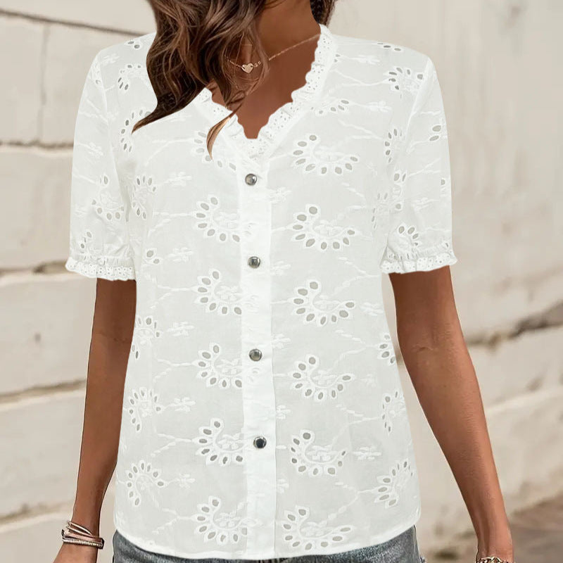 Damen Bluse mit floralen Stickereien und romantischem Spitzenabschluss R&B