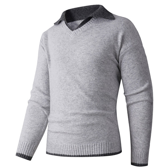 Herren V-Ausschnitt Pullover mit hochwertiger Textur und kontrastierendem Kragen R&B