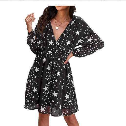 Damen Luftiges Kleid mit großzügigem V-Ausschnitt und festlichem Sternenmuster R&B