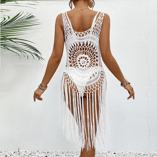 Damen Häkelstrandkleid mit dekorativen Fransen und offenem Schnitt R&B