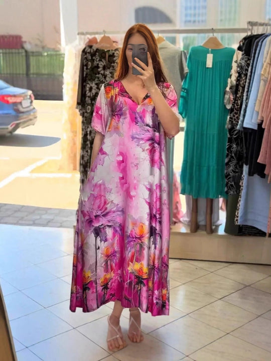 Damen nan fließendes Maxi-Kaftankleid mit V-Ausschnitt und großflächigem Aquarell-Blumenprint R&B