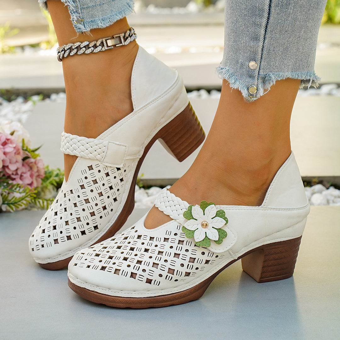 Damen elegante Pantoletten mit floralem Dekor und geflochtenem Riemen R&B