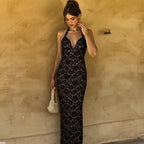 Damen Langes Spitzenkleid mit tiefem V-Ausschnitt und Halter-Design R&B