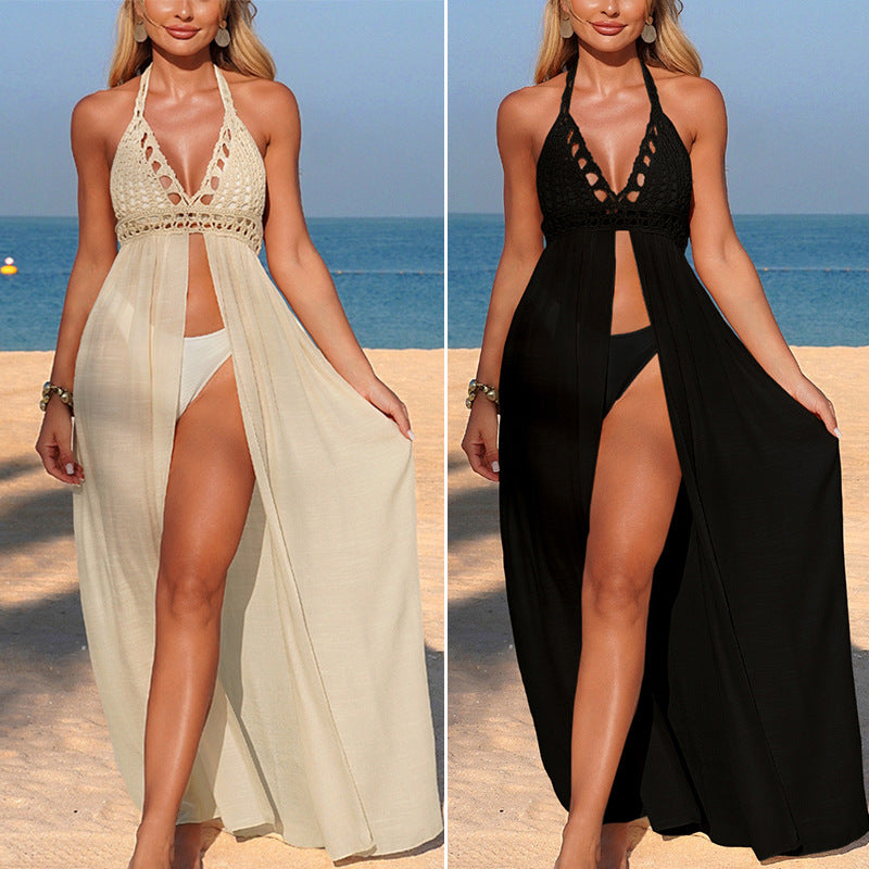 Damen Häkel-Strandüberwurf mit tiefem V-Ausschnitt und eleganter geschlitzt Konstruktion R&B