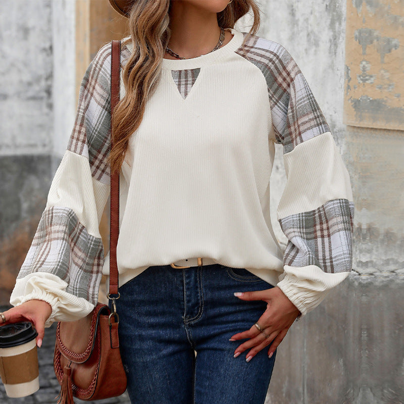 Damen Modischer Sweatpullover mit Karomuster und Rippstruktur R&B