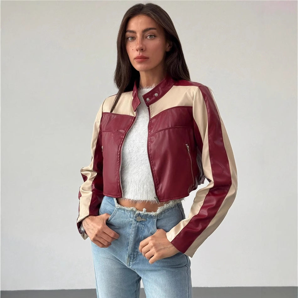 Damen cropped Kunstlederjacke mit kontrastierenden Einsätzen R&B