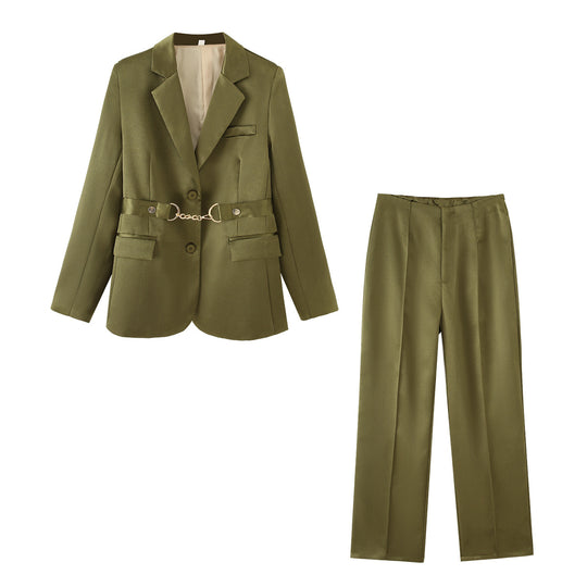 Damen elegantes Satin-Blazer-Set mit Kettenakzent R&B