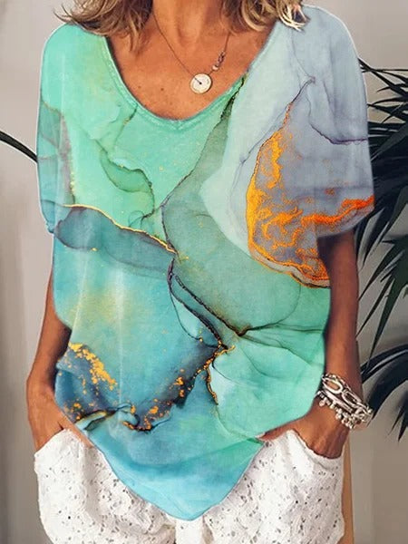 Damen Elegantes V-Ausschnitt T-Shirt mit abstraktem Design R&B