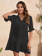 Damen Hemdblusenkleid mit schwingendem Volant und elegantem V-Ausschnitt R&B