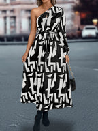 Damen Maxikleid mit asymmetrischem One-Shoulder-Design und Bindegürtel R&B