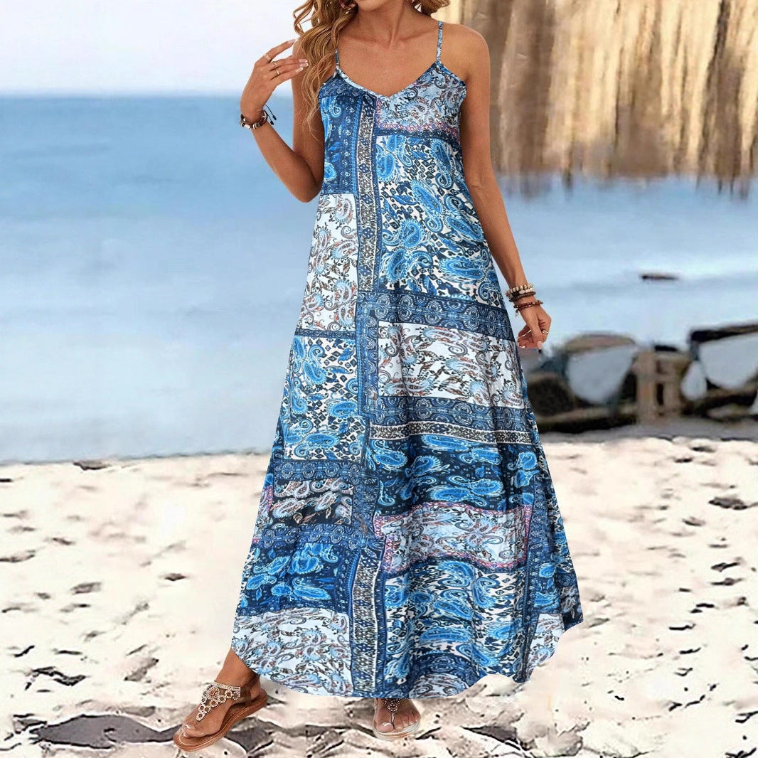 Damen Langärmliges Sommermaxikleid mit floralem Design und Spaghetti-Trägern R&B