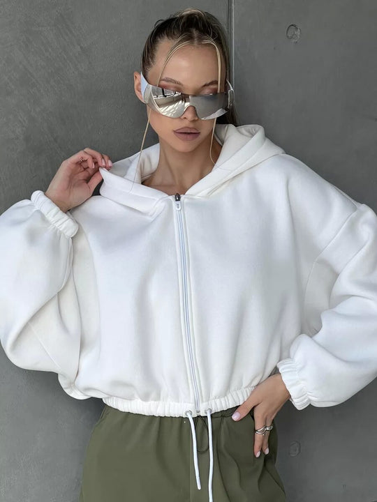 Damen Sportlicher Cropped Hoodie mit Reißverschluss und Kordelzug R&B