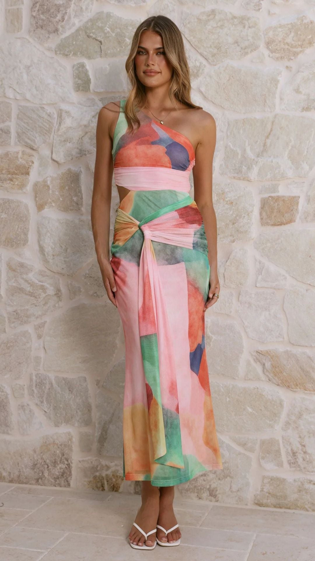 Damen Wickel-Maxikleid mit asymmetrischem Träger und floralen Akzenten R&B