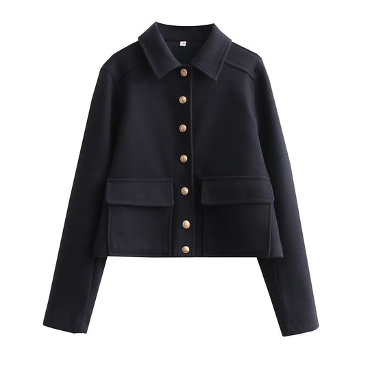 Damen modische Kurzjacke aus strukturiertem Wollmaterial mit praktischen Pattentaschen R&B