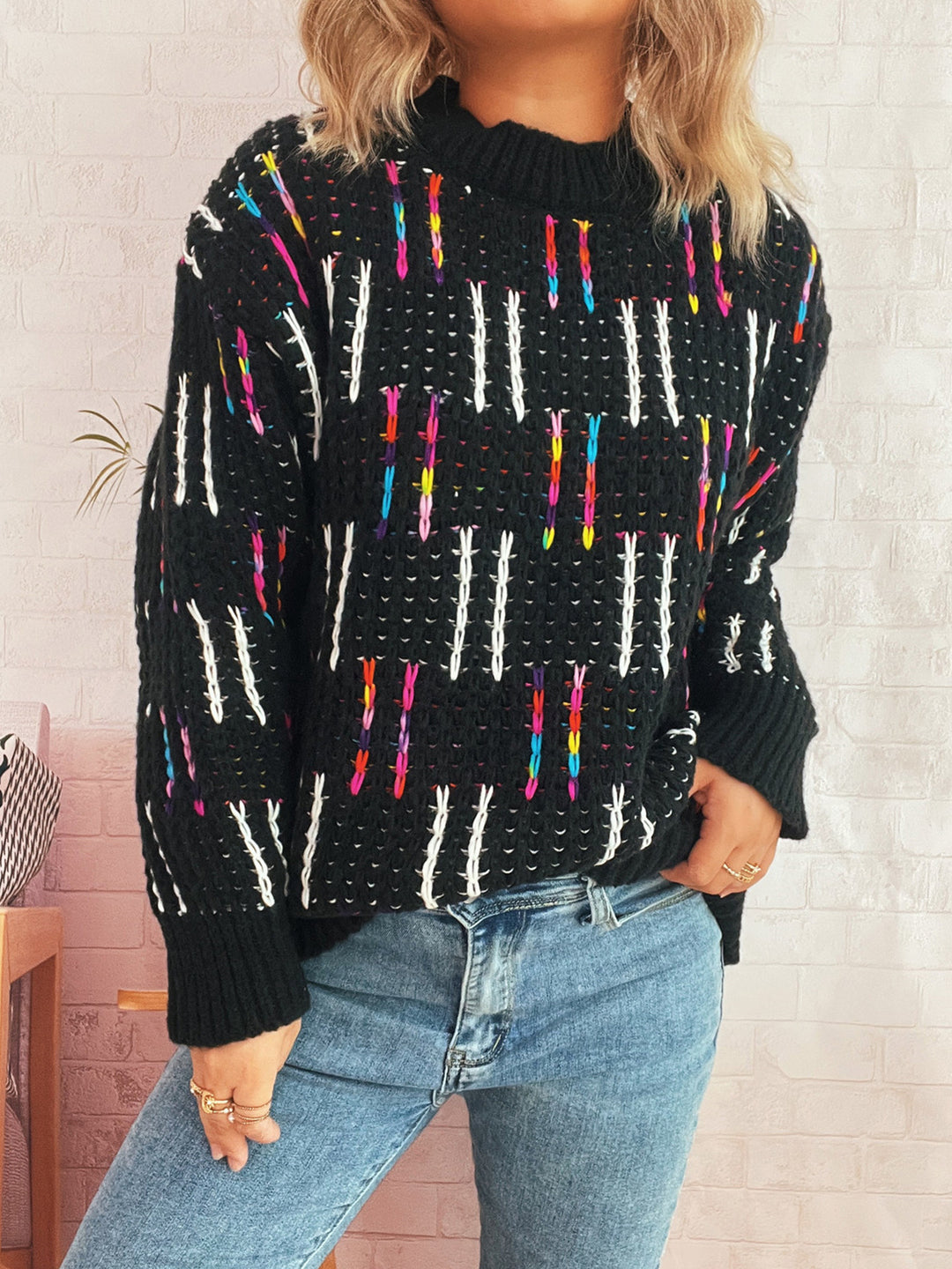 Damen lässiger Strickpullover mit vielseitigem Farbenspiel und hohem Kragen R&B