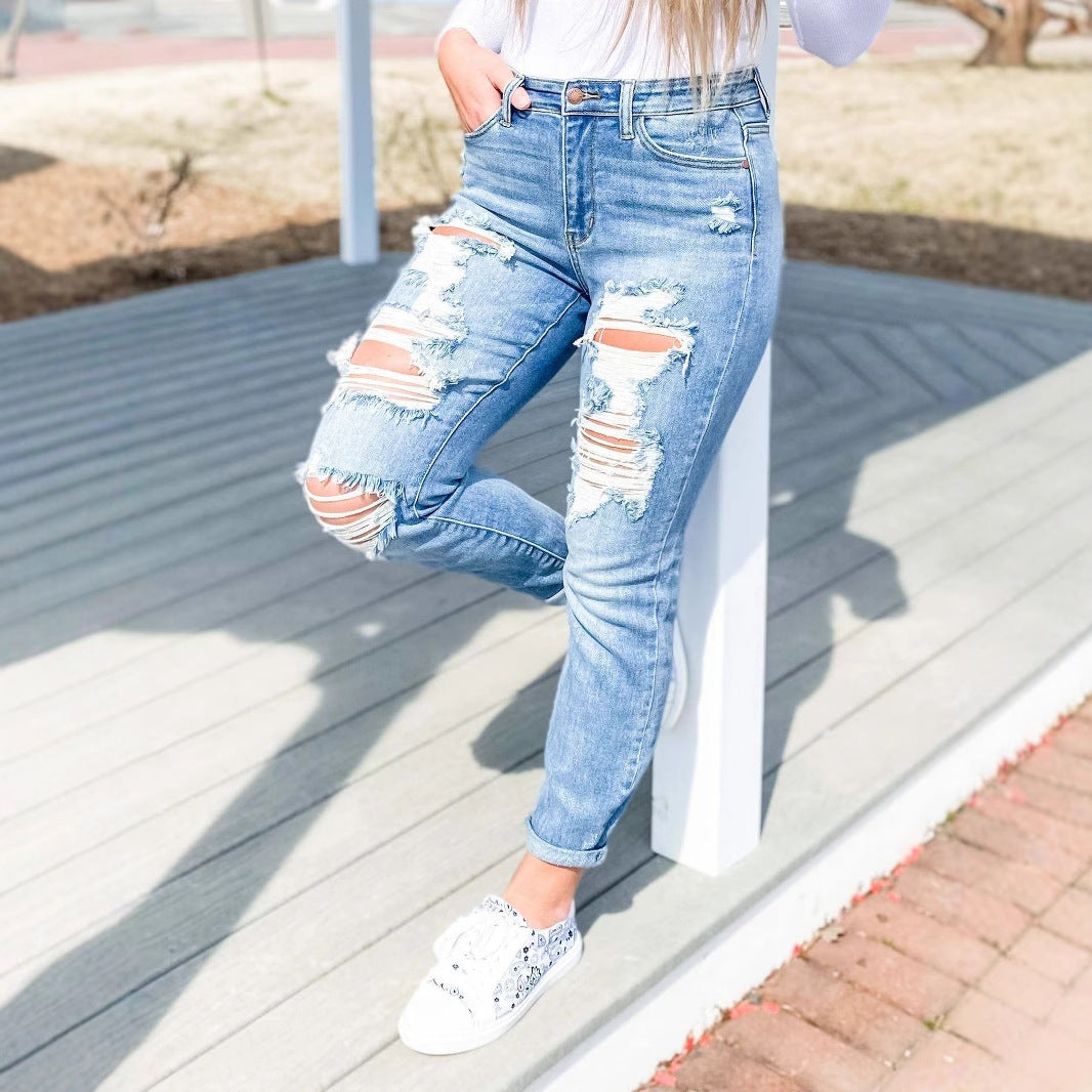 Damen Vintage Destroyed Jeans im entspannten Schnitt mit hohem Bund R&B