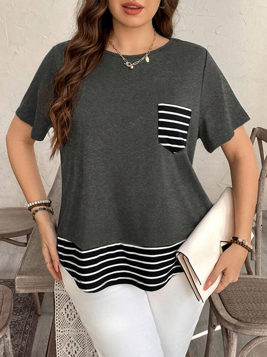 Damen Legeres T-Shirt mit gestreiftem Saum und Brusttasche R&B