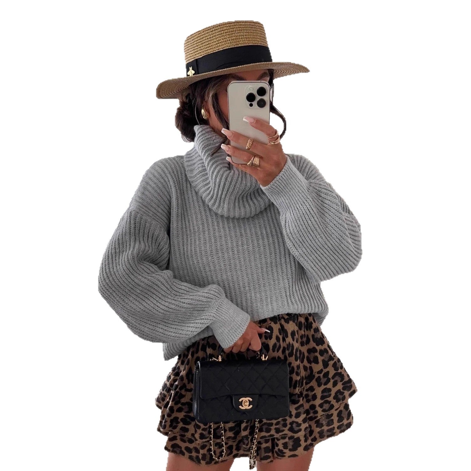 Damen Strickpullover mit hohem Kragen und voluminösen Ärmeln R&B