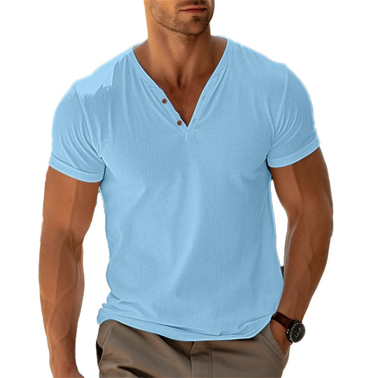 Herren nan tailliertes Henley-T-Shirt mit V-Ausschnitt kurzer Knopfleiste und krempelbaren Ärmeln R&B