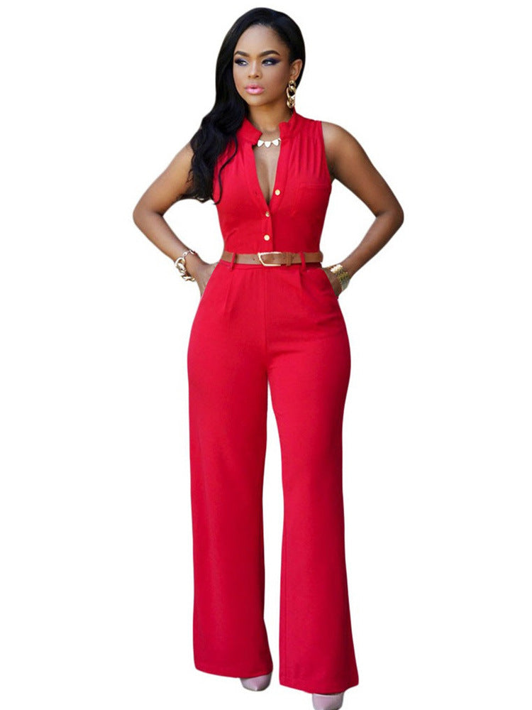 Damen Eleganter Jumpsuit mit Gürtel und Knopfdetail R&B