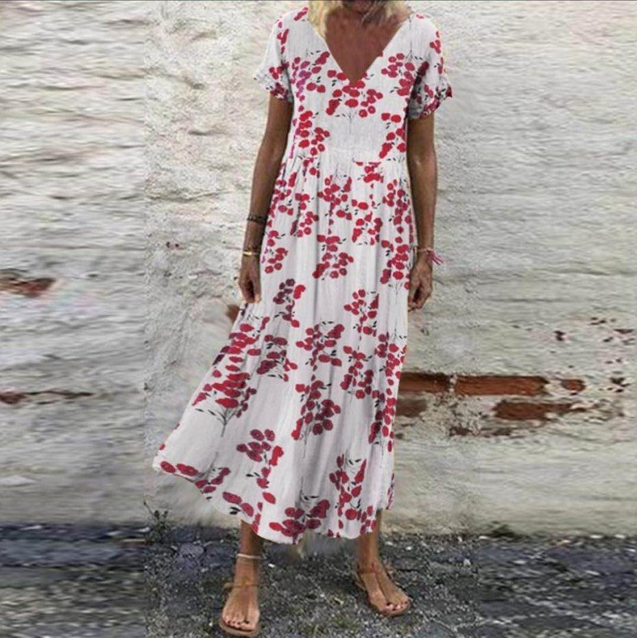 Damen nan V-Ausschnitt-Maxikleid mit feinem Faltenrock, Empire-Passe und Kurzarm R&B