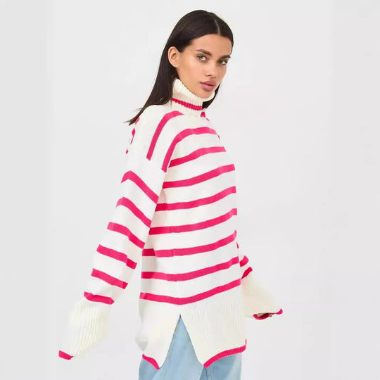 Damen gestrickter Rollkragenpullover mit modernem Streifenmuster und weitem Schnitt R&B