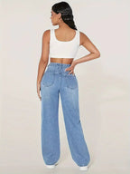 Damen weite Jeans mit modischen Rissdetails und hohem Bund R&B
