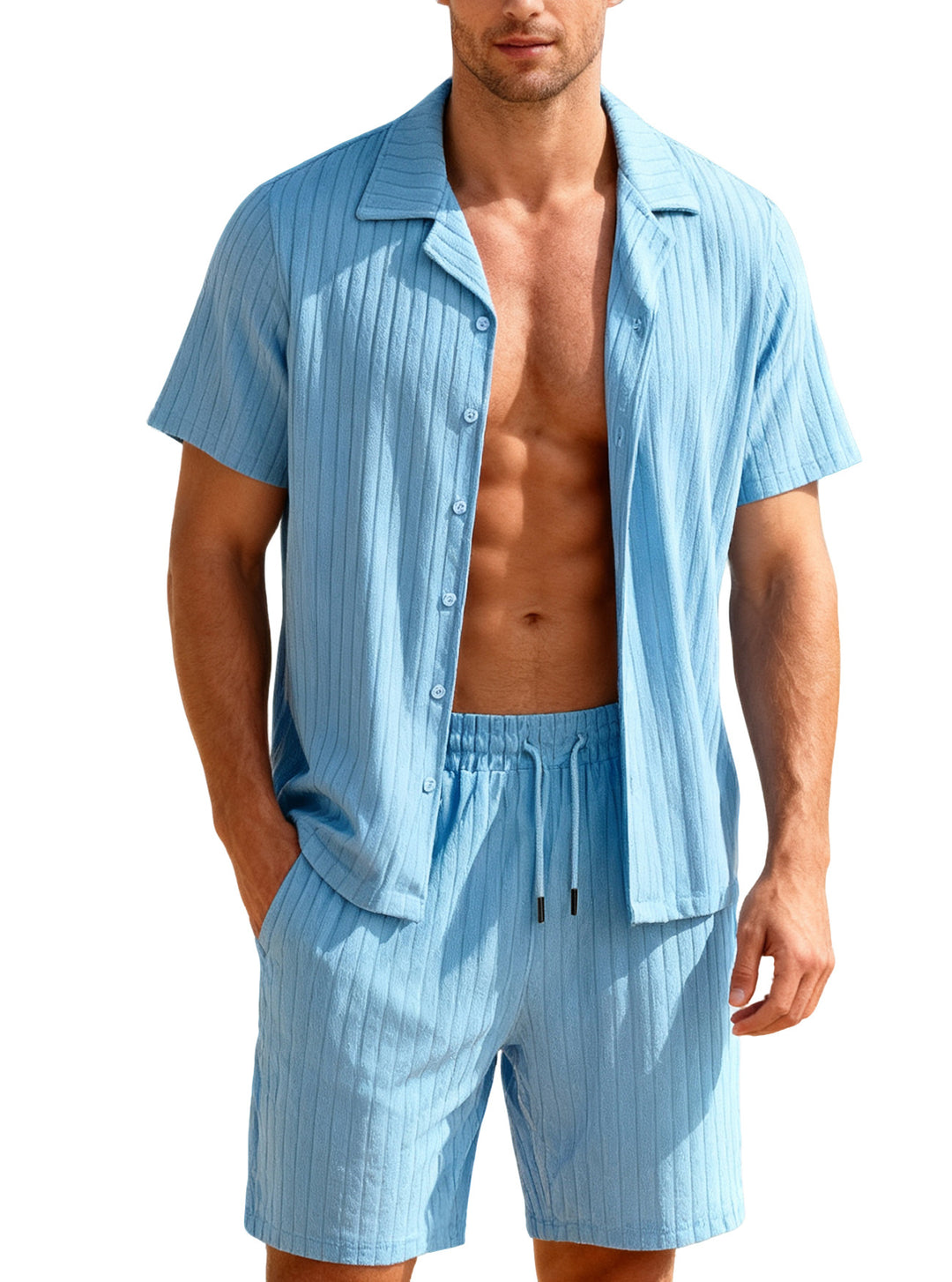 Herren nan geripptes Feinstrick-Lounge-Set mit kurzärmligem Revershemd und Kordelshorts R&B