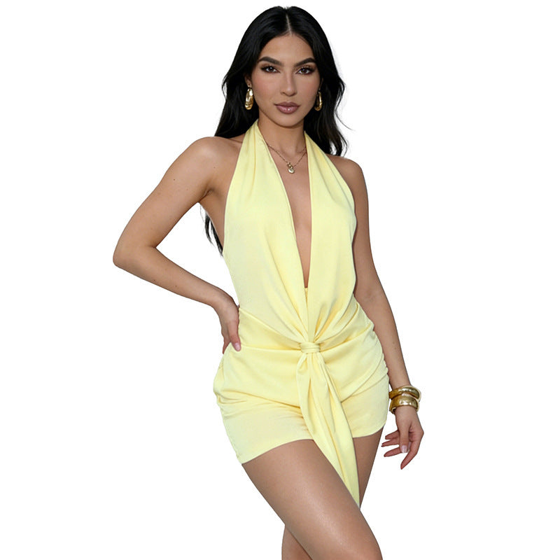 Damen Elegantes Wickel-Playuit mit tiefem V-Ausschnitt und schöner Taillenbindung R&B