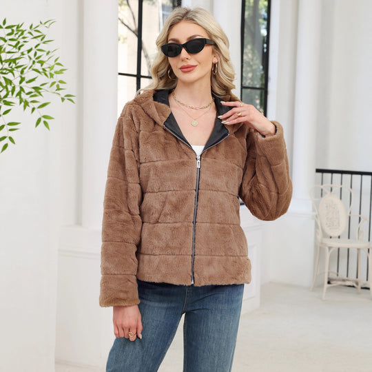 Damen Kuschelige Oversized-Fleecejacke mit Reißverschluss und Kapuze R&B