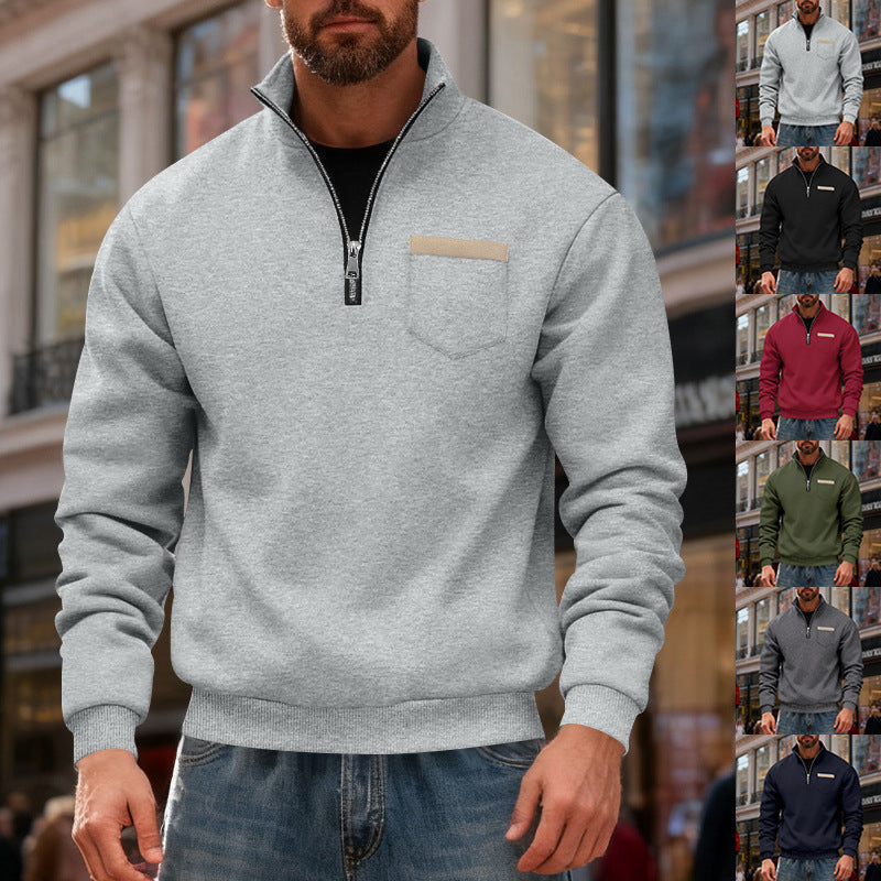 Herren nan Sweatshirt mit halbem Reißverschluss Stehkragen und Brusttasche R&B