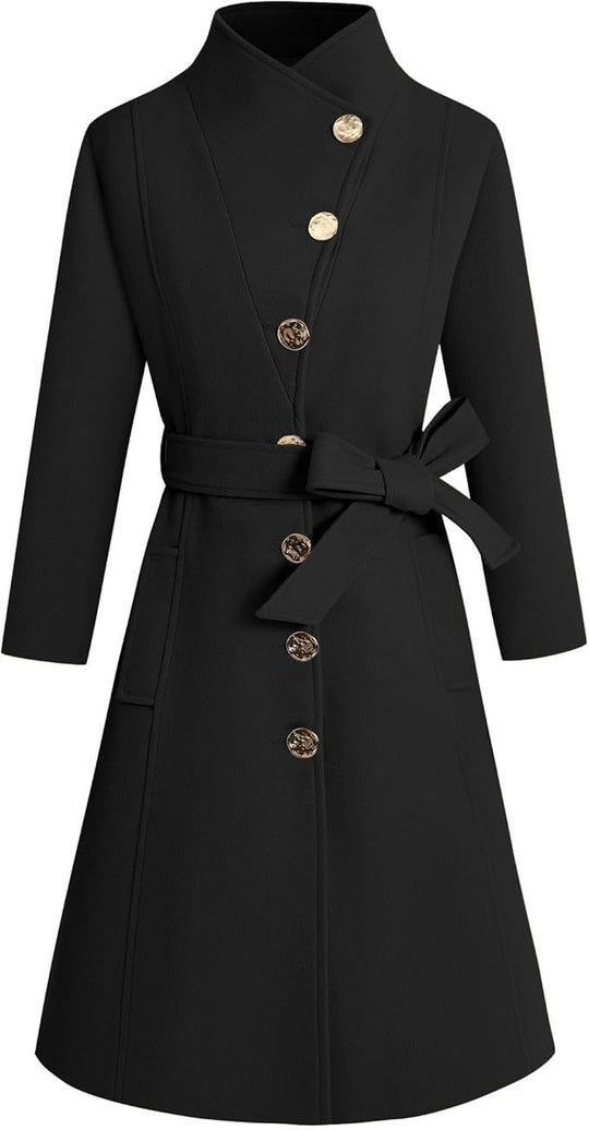 Damen eleganter Wrap-Mantel mit ausgefallenem Kragen und Gürtel R&B