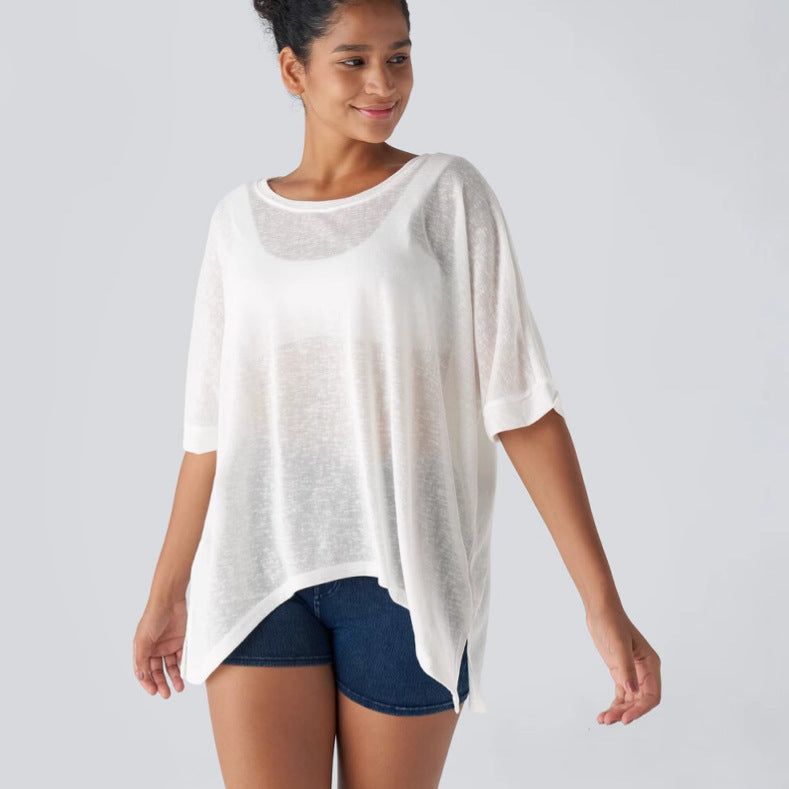 Damen lässiges Oversized T-Shirt mit seitlichen Schlitzen und umgeschlagenen Ärmeln R&B