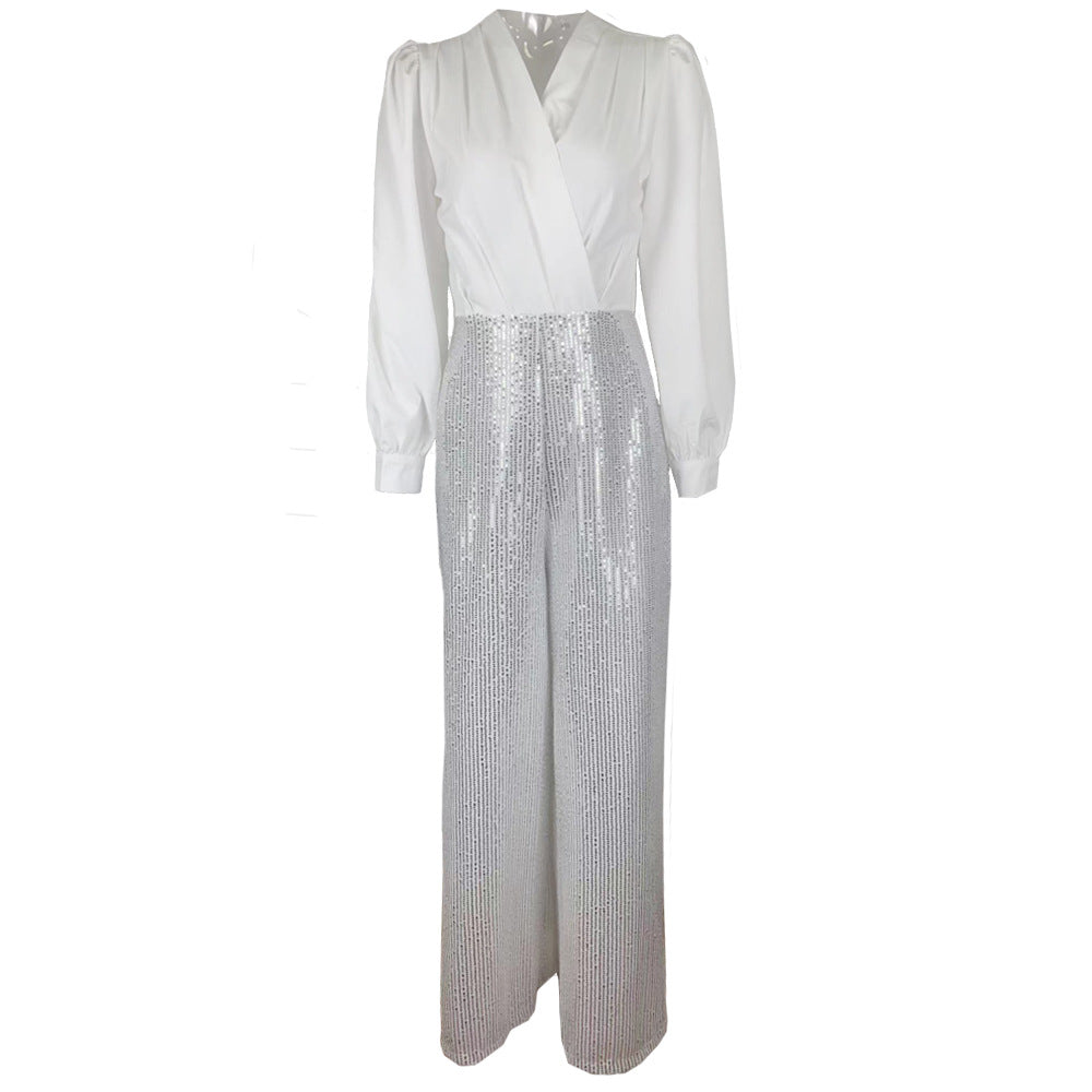 Damen elegante Overall mit funkelnden Pailletten und langem Schnitt R&B