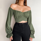 Damen Off-Shoulder Bluse mit Raffung und langen Ärmeln R&B