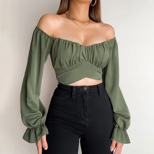 Damen Off-Shoulder Bluse mit Raffung und langen Ärmeln R&B