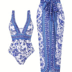 Damen eleganter Einteiler Badeanzug mit passendem Wickelrock R&B