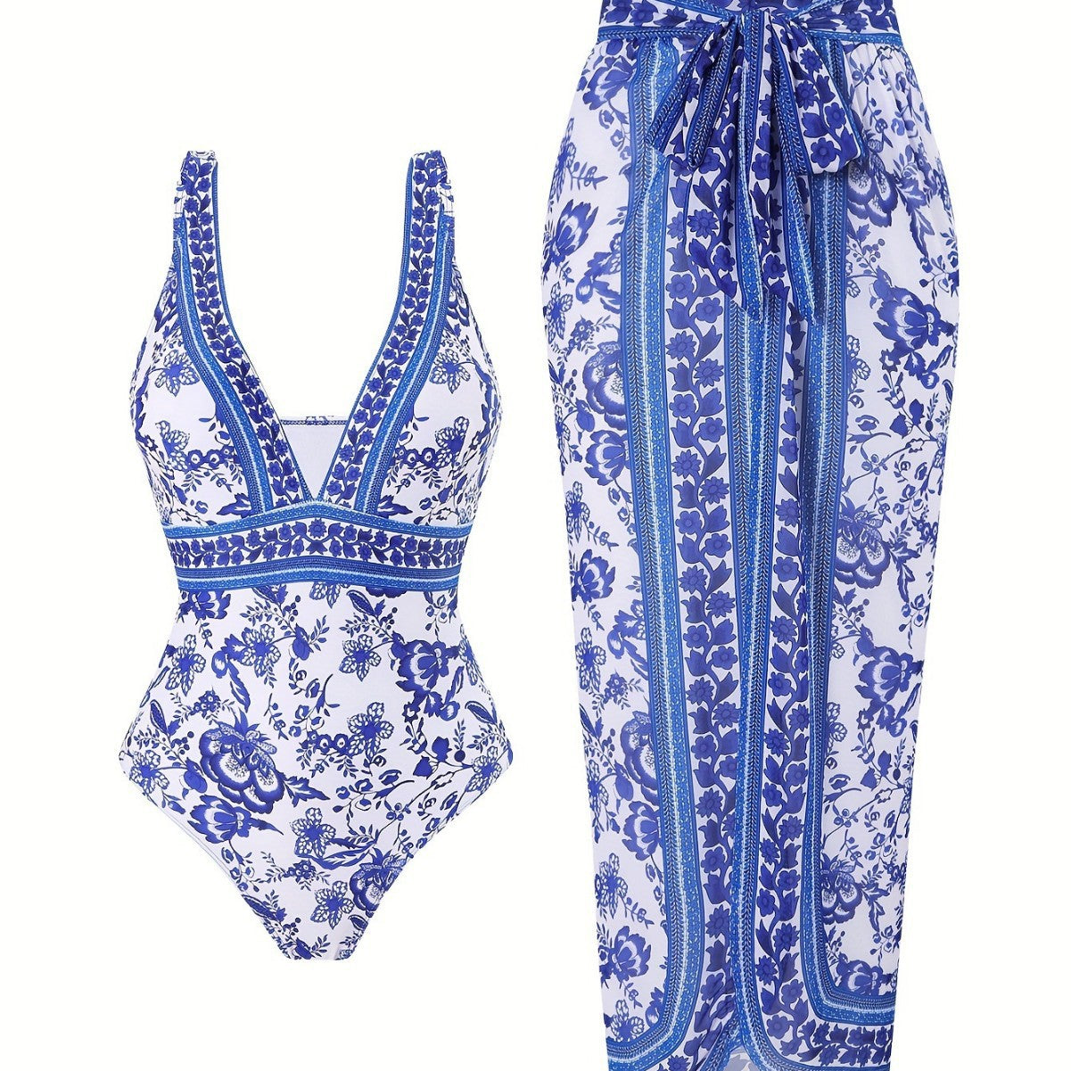 Damen eleganter Einteiler Badeanzug mit passendem Wickelrock R&B