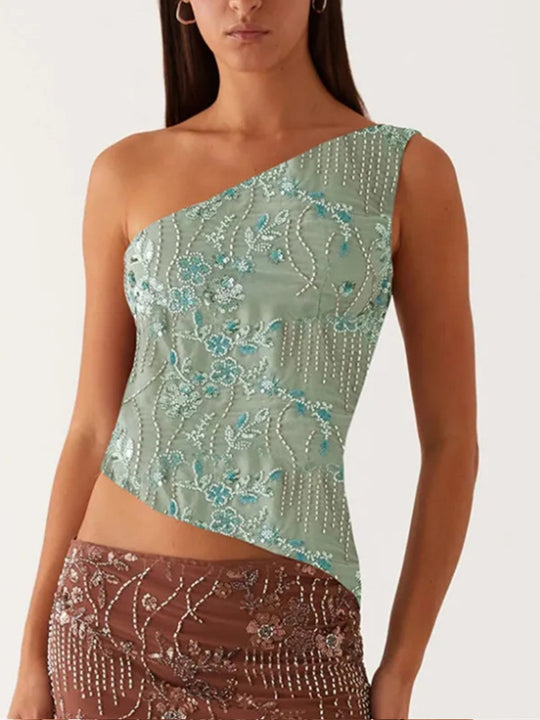 Damen asymmetrisches Oberteil mit floralem Strassdesign R&B
