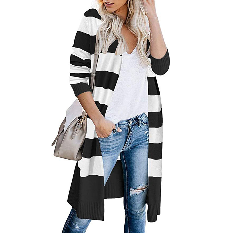 Damen Langer Strickcardigan mit gestreiftem Design R&B