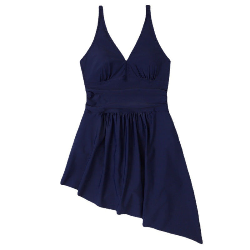 Damen eleganter Einteiler Badeanzug mit asymmetrischem Rock und verstellbaren Trägern R&B
