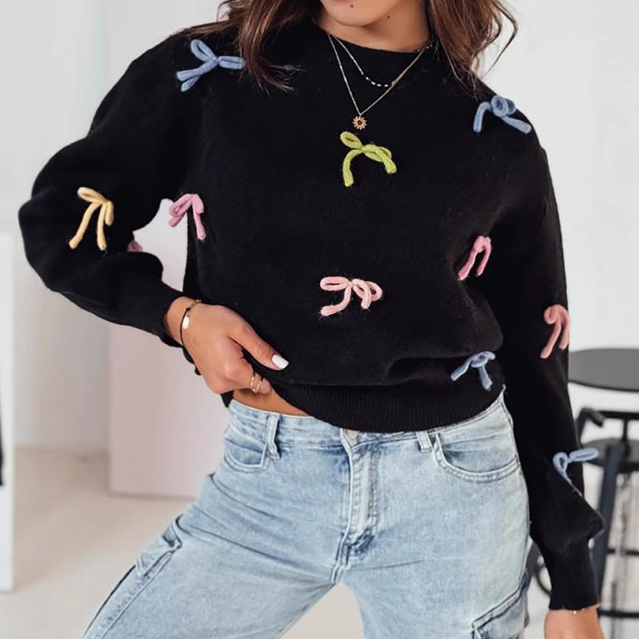 Damen Strickpullover mit verspielten Schleifenapplikationen und lässigem Schnitt R&B