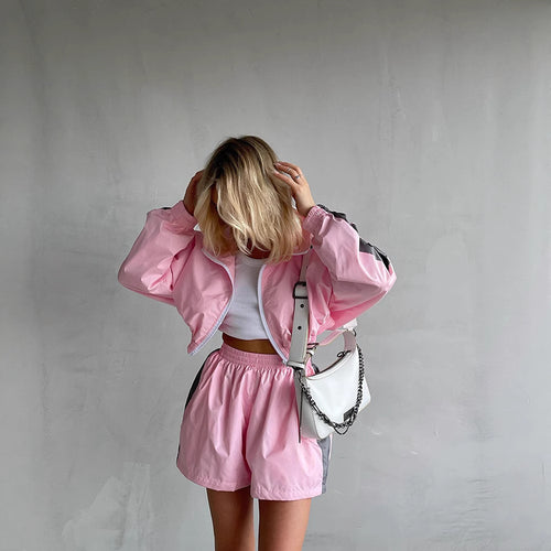 Damen sportliches Windbreaker-Set mit elastischem Bund und stylischen Kontraststreifen R&B