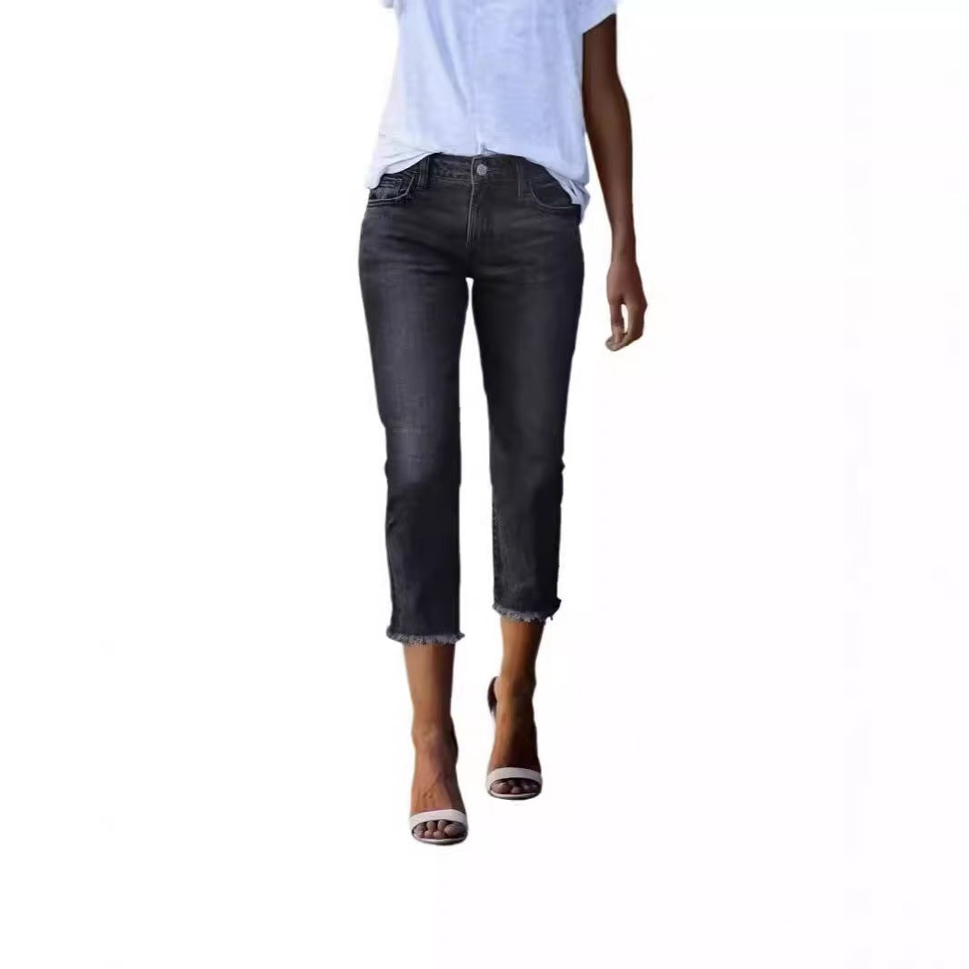 Damen 3/4 Jeans mit modischem Fransenabschluss R&B