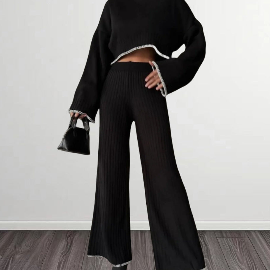 Damen elegantes Strickanzug mit weitem Bein und romantischen Ärmeln R&B