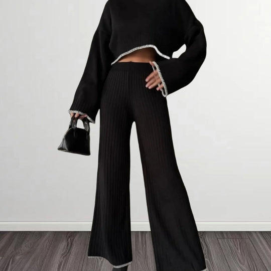Damen elegantes Strickanzug mit weitem Bein und romantischen Ärmeln R&B