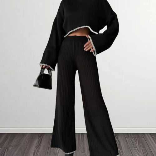 Damen elegantes Strickanzug mit weitem Bein und romantischen Ärmeln R&B
