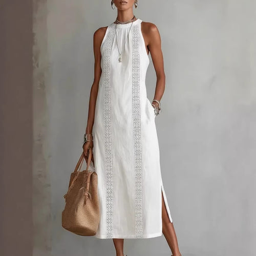 Damen Elegantes Sommer-Maxi-Kleid mit Spitzenapplikation und seitlichem Schlitz Heidi-Mode