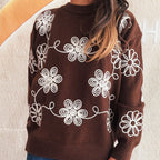 Damen kuscheliger Strickpullover mit floralen Applikationen und Rundhalsausschnitt R&B
