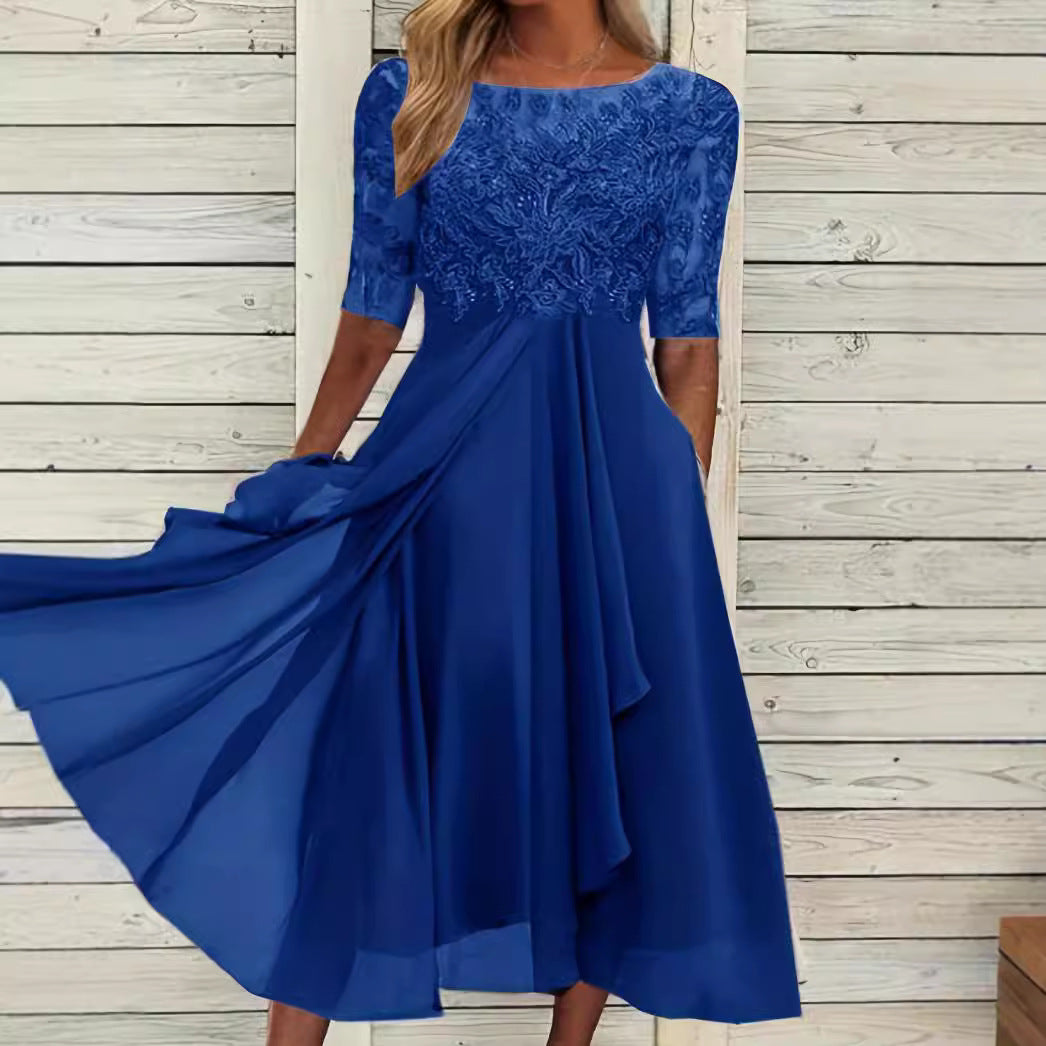 Damen nan elegantes Cocktailkleid mit bestickter Korsage, U-Boot-Ausschnitt und fließendem Chiffonrock R&B